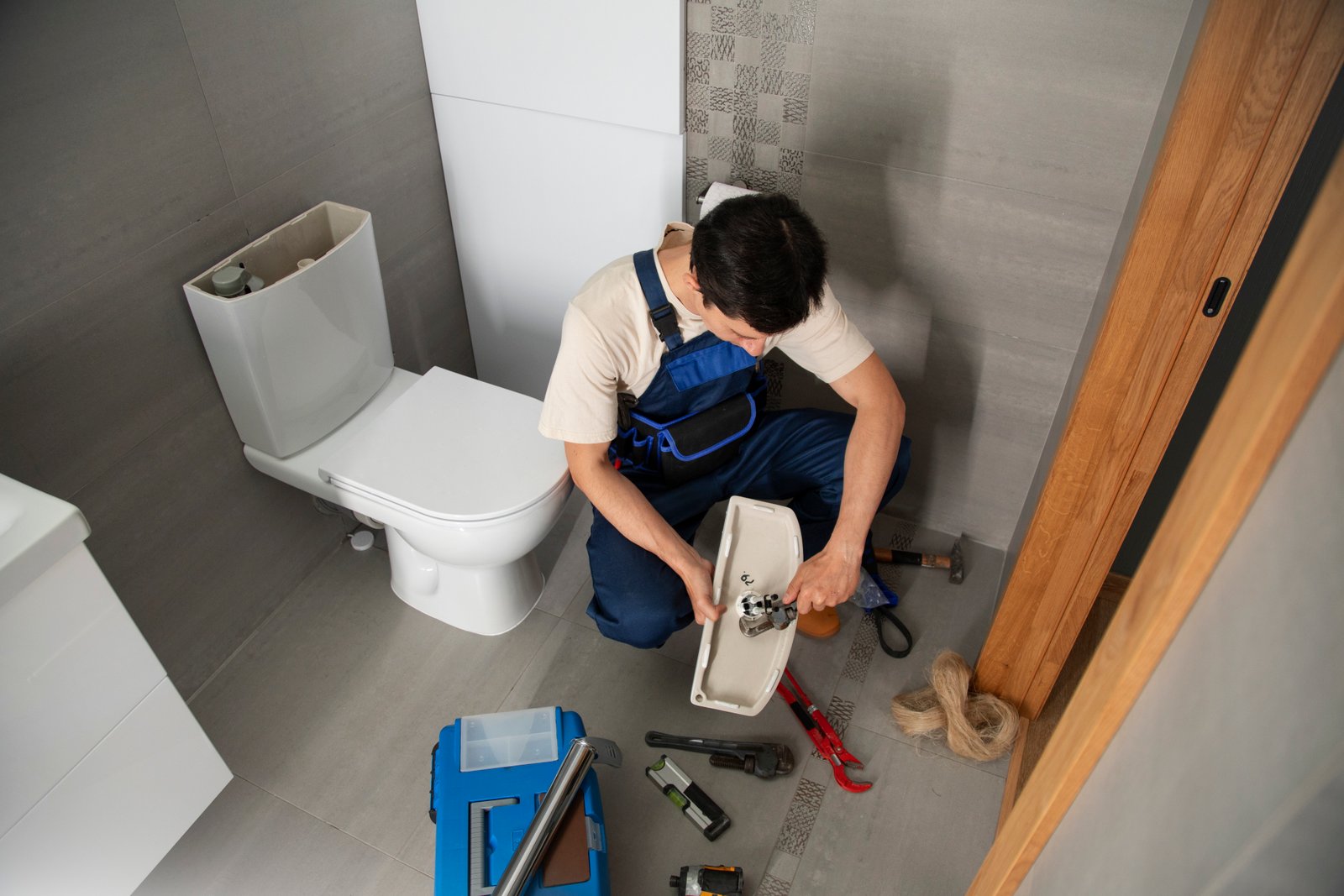 Plumber in an apron carefully installing or repairing a curved kitchen faucet over a sink in a modern kitchen, with tools in the foreground and a focused, professional atmosphere